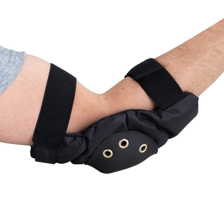 Black elbow pad on bent arm