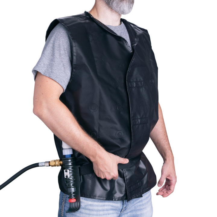 Black Vortex Cooling Vest with black plastic vortex cooler attached by waist belt