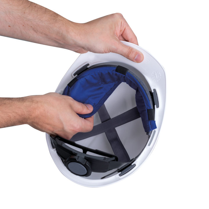 Blue Hardhat Cooling Liner with hands demonstrating installation