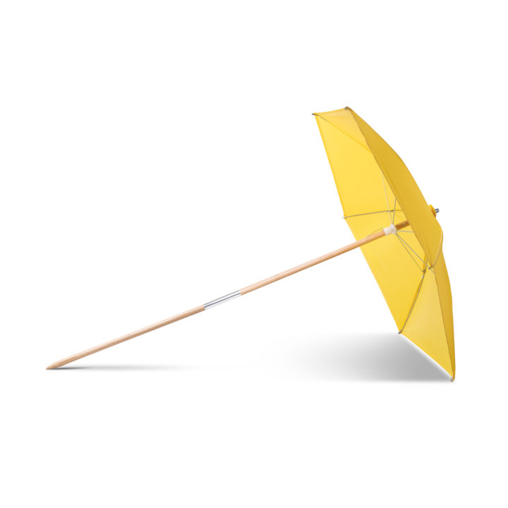 Yellow economy umbrella with wooden pole with pointed end