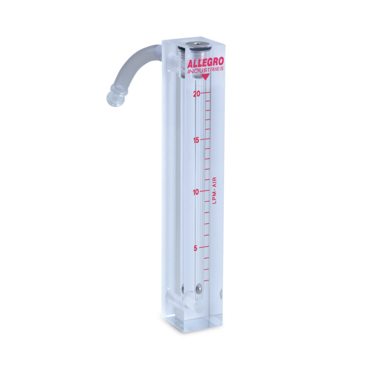 Clear rectangular Flow Meter with red writing and plastic tubing on back side