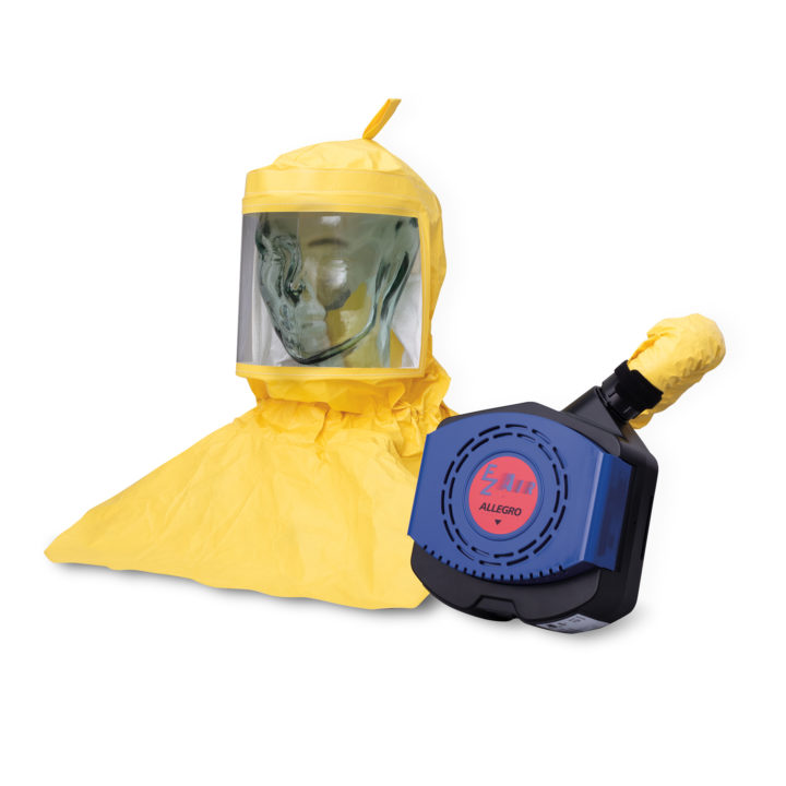 Yellow Tyvek Hood EZ Air PAPR with downtube and Blue Blower