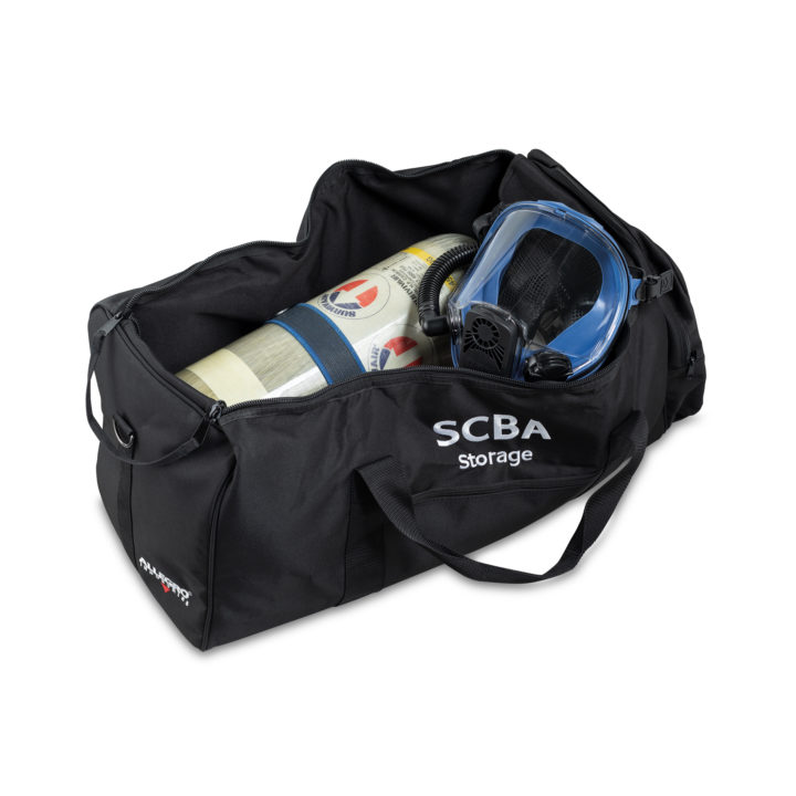 Black SCBA Storage Bag with SCBA tank and full face mask respirator inside
