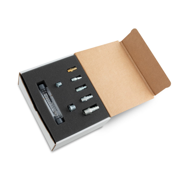 Flow Test Kit containing Flow Meter and an assortment of quick connect plugs and adapters to fit all respirators