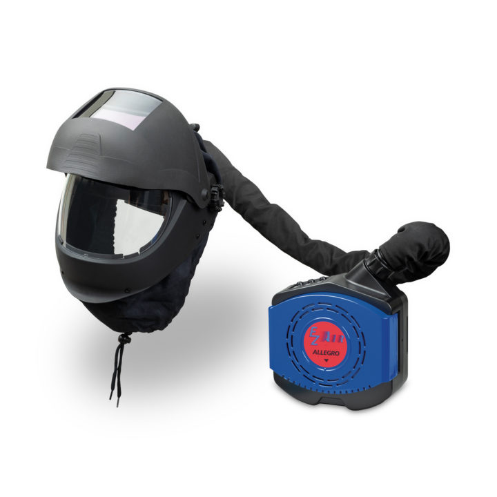 Black PAPR Welding Helmet with Black Visor (up), FR cover downtube and Blue Blower