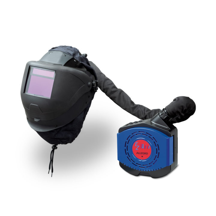 Black PAPR Welding Helmet with Black Visor (down), FR cover downtube and Blue Blower